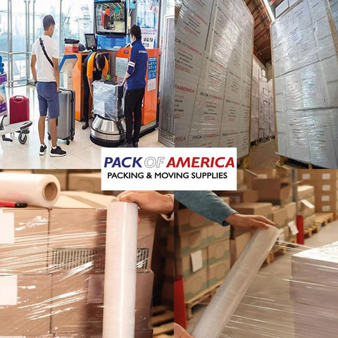 Heavy Duty Clear Stretch Wrap Bundle Four Rolls Straight Up Industrial Shrink Film 18 Inches By 1500 Feet 80 Gauge wrap used in logistics and packing.