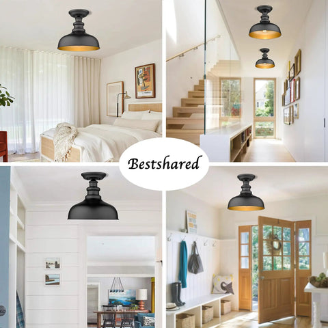 Collage of Semi Flush Mount Ceiling Light in Black with Copper Accents showcasing different room settings.