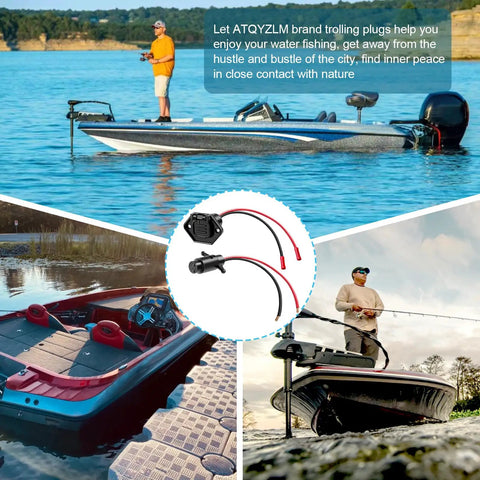 Collage of boats on water and Waterproof Trolling Motor Plug And Receptacle Kit 12V 24V 48V 8 Gauge 2 Wire Quick Connect