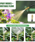 3 spray modes 100Ft Drip Irrigation Kit For Garden With 360 Degree Adjustable Sprinklers showing mist, drip, and direct sprays