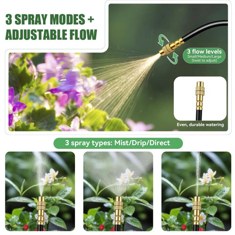 3 spray modes 100Ft Drip Irrigation Kit For Garden With 360 Degree Adjustable Sprinklers showing mist, drip, and direct sprays