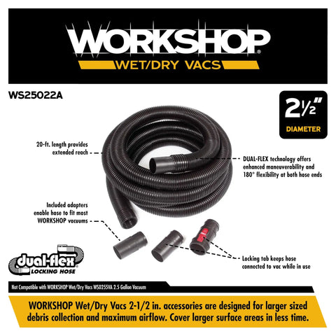 Extra Long Locking Hose Attachment For Wet Dry Shop Vacuum Cleaners With Heavy Duty Build And Two And A Half Inch By Twenty Foot Reach And Universal Adapters coiled on surface