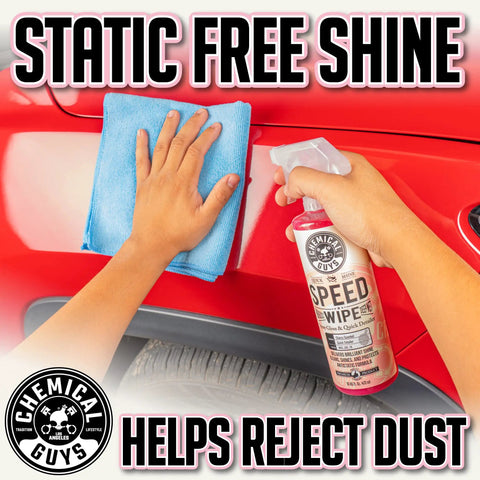 Speed Wipe Quick Detailer Spray For Cars, Instant Slick Mirror Shine Between Washes, Streak Free Formula Removes Dust Smudges And Fingerprints, High Gloss Finish In Seconds, 16 Oz on red car with microfiber cloth