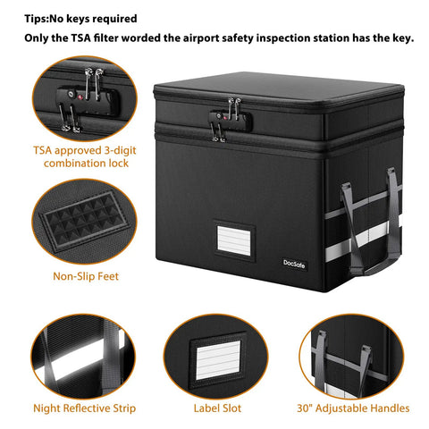 Boss Level Fireproof Multi Layer File Box With Lock Collapsible Portable Office Filing Organizer shown with TSA lock