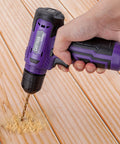 20 Piece Tool Set With 8V Purple Cordless Drill And Home Tool Kit For Quick Fixes Includes 18 Accessories And Type C Cable Durable Heat Treated Tools Built To Last Through Everyday DIY Projects drilling into wood