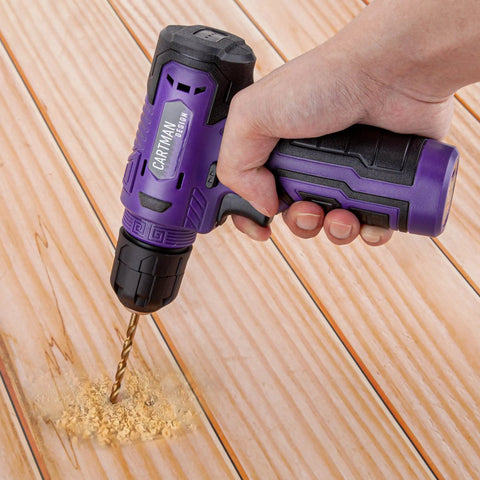 20 Piece Tool Set With 8V Purple Cordless Drill And Home Tool Kit For Quick Fixes Includes 18 Accessories And Type C Cable Durable Heat Treated Tools Built To Last Through Everyday DIY Projects drilling into wood