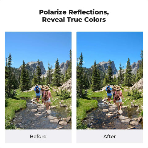 Comparison of landscape with and without Magnetic 1 Second Swap 77mm Circular Polarizing Filter for DSLR Cameras, showing color difference.