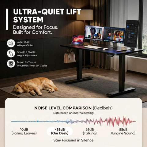 55 By 24 Inch Electric Height Adjustable Standing Desk For Home Office With Memory Preset And T Shaped Metal Bracket Big Sit Stand Computer Desk Black with ultra-quiet lift system in a modern office setting, noise level comparison chart included.