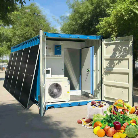 Heavy Duty Industrial Walk In Freezer Cold Room With Energy Efficient Blast Cooling System Built Like A Tank For High Volume Food Processing And Warehousing No Fuss Operation with open doors and fresh produce visible.