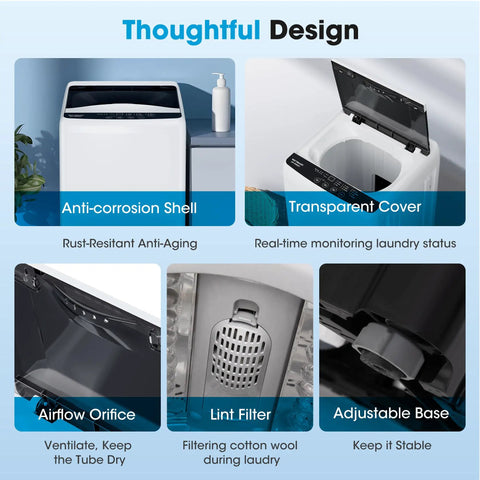 Hassle Free Portable Top Load Washing Machine With 15.7 Lbs Capacity And Fully Automatic Controls showing anti-corrosion shell and lint filter.