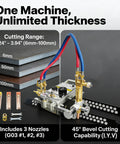 Heavy Duty Portable Torch Track Burner For No Sweat Gas Cutting With Dual Six Foot Guide Rails Slicing Steel And Metal Up To Four Inches showing cutting range and nozzles.