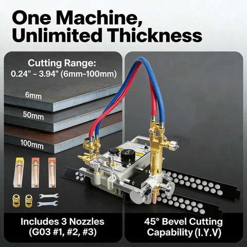 Heavy Duty Portable Torch Track Burner For No Sweat Gas Cutting With Dual Six Foot Guide Rails Slicing Steel And Metal Up To Four Inches showing cutting range and nozzles.