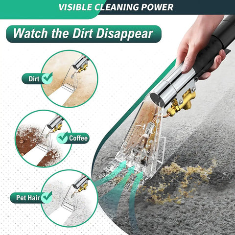 Extractor Kit For Wet Vacuum With 50 Foot Water Line Includes Transparent Dust Removal Head in Action on Carpet