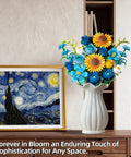 Van Gogh Starry Night And Sunflowers Inspired Bouquet Building Set Lego Compatible Flowers For Adults Women Vibrant Blue Yellow White Blooms To Brighten Desk Or Home Decor Perfect Gift For Christmas Mothers Day Or Just Because in vase beside framed art