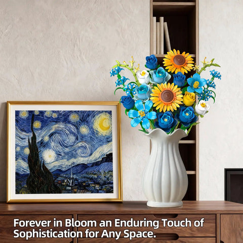 Van Gogh Starry Night And Sunflowers Inspired Bouquet Building Set Lego Compatible Flowers For Adults Women Vibrant Blue Yellow White Blooms To Brighten Desk Or Home Decor Perfect Gift For Christmas Mothers Day Or Just Because in vase beside framed art