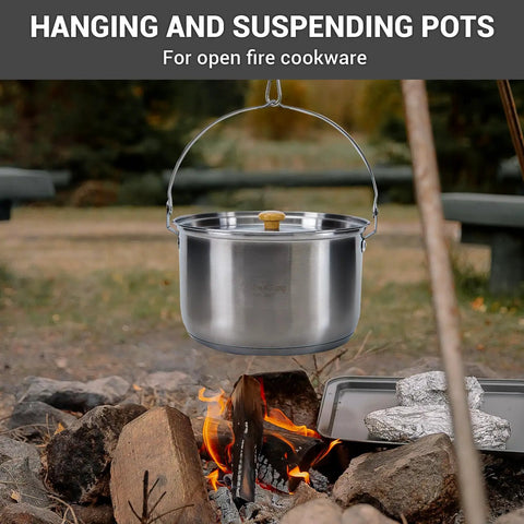 Camping Cookware Set In 304 Stainless Steel With Pots Pan Kettle Colander And Tote For Campin Crew Perfect Outdoor Kitchen Gear For 4 To 6 Campers Great For Campfires And Picnics pot hanging over campfire