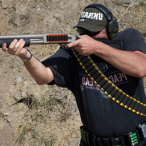 4 Packs 7 Rounds 12 And 20 Gauge Tactical Shotgun Shell Holder Carrier With Adhesive Side Saddle shown in action on rifle