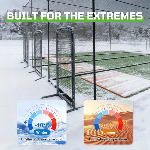 Outdoor installation of Heavy Duty Freestanding Baseball Batting Cage Door With Steel Tube Frame And HDPE Mesh, built for all weather