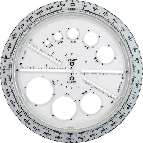 All-In-One Angle And Circle Maker With Integrated Circle Templates And 360 Degree Rotation, 6 Inch And 15 Cm Size, Beveled Edges, Slot Guides, Inside Rotating Disk, Assorted Colors, Protractor And Compass Hybrid Tool, circular protractor close-up