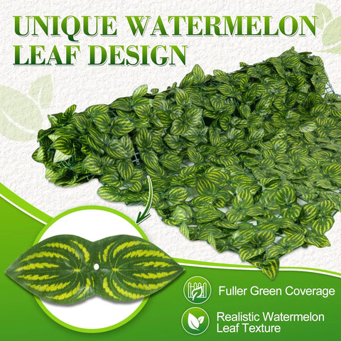 Artificial Ivy Privacy Fence Screen Set 120 By 40 Inches With 12 Pack 20 By 20 Inch Panels Vented Base Grid featuring unique watermelon leaf design for patio decor.