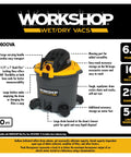 Heavy Duty 16 Gallon Shop Vacuum With 6.5 Peak HP For Wet Dry Cleanup Includes Durable Filter Flexible Hose And Wide Attachment Kit