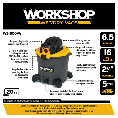 Heavy Duty 16 Gallon Shop Vacuum With 6.5 Peak HP For Wet Dry Cleanup Includes Durable Filter Flexible Hose And Wide Attachment Kit