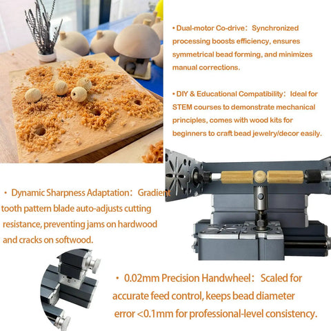EssEthmy 60W Mini Metal Wood Lathe with precision handwheel shaping wooden beads on crafting table.