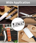Hefty Aluminum Belt Sander Knife Jig Featuring Smooth Adjustable Angle Grinding Guide For Zero Friction Tool Sharpening mounted with kitchen knives.