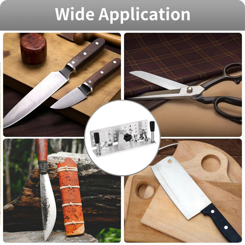 Hefty Aluminum Belt Sander Knife Jig Featuring Smooth Adjustable Angle Grinding Guide For Zero Friction Tool Sharpening mounted with kitchen knives.