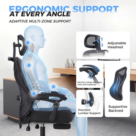 Ergonomic Office Chair With Footrest For Long Workdays And Gaming, Adjustable Lumbar Support And Headrest shown with features