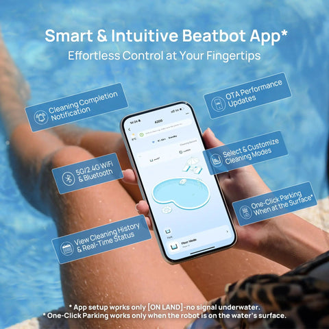 Person using smartphone app to control AquaSense 2 Cordless Robotic Pool Vacuum Cleaner With Auto Surface Parking near poolside