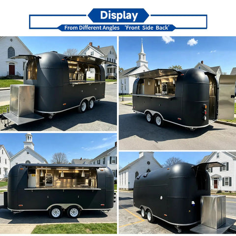 Turnkey Black Food Truck For Barbecue Catering Mobile Trailer With Handy Bathroom And Beefed Up Commercial Kitchen Setup For Legit Street Hustles On The Go, showcasing various angles of the black mobile trailer.