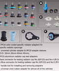 Built Tough 33 Piece Radiator Pressure Tester And Coolant Vacuum Refill Kit showing 17 color-coded radiator adapters in display.