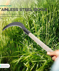 Long Handled Weeding Sickle With Wooden Handle used in tall grass for lawn care