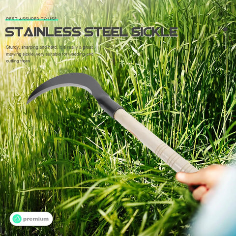 Long Handled Weeding Sickle With Wooden Handle used in tall grass for lawn care