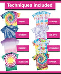 Tie-dye techniques including spiral, stripes, shibori, ice dye, ombré, crumble, bullseye, spider for One Step Tie Dye Kit For Big Groups.