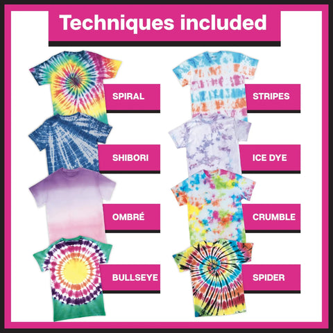 Tie-dye techniques including spiral, stripes, shibori, ice dye, ombré, crumble, bullseye, spider for One Step Tie Dye Kit For Big Groups.