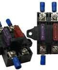 Heavy Duty Stackable Fuse Holder Panel And Distribution Block Compatible With Ato Atc And Min Atm Blade Fuses Featuring Hella Solid Plug And Play Wiring For Your Ride Or Rig In Black, showing fuse slots and connectors.