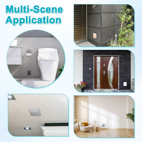 Five X Five Inch Self Adhesive Drywall Access Panel Smooth Peel And Stick Finish White Square Hole Cover in various home settings.