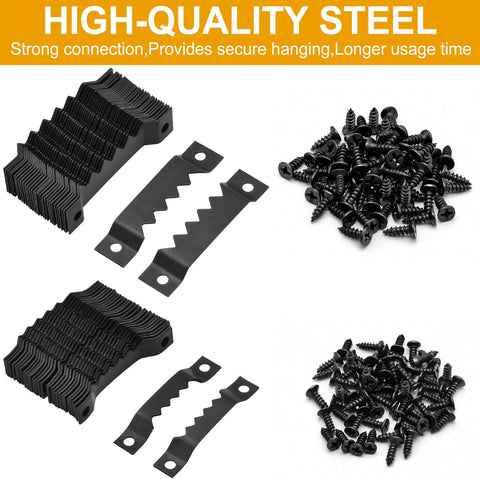 Heavy Duty Picture Hangers Kit 281 Pcs With Sawtooth Wall Hooks, Nuts, Screws And Level, Rustproof Steel Build showing black steel hooks and screws.