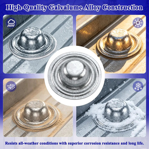 Heavy Duty Metal Roof Screw Caps 100 Pack Galvalume Rustproof Waterproof Covers in various weather conditions.