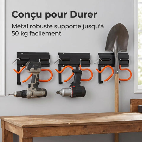 Heavy Duty Metal Wall Mount Tool Organizer Rack for Garden Tools, Brooms, Mops, and Coats on display with sturdy hooks.