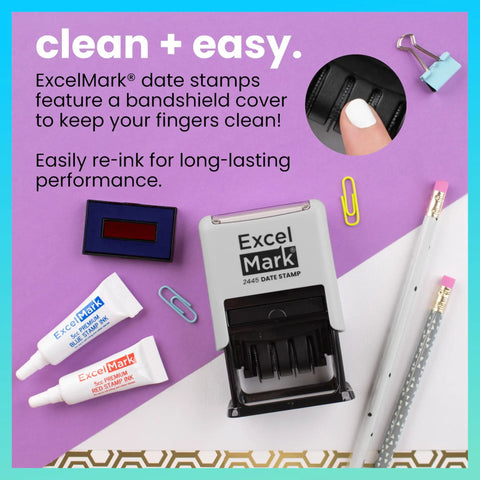 Badass Date Stamp Featuring Custom Text Options And Dual Blue Red Ink With A Legit Gray Mount That Gonna Keep Your Documents Looking Sharp For Years Of Daily Professional Use, with clean re-inking supplies.