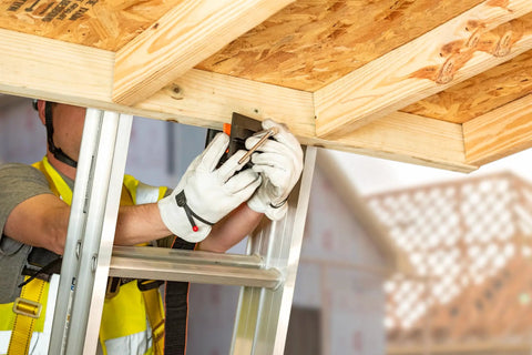 Worker installing Ladder Stability Anchor for Easy No Drill Mounting with Two 4 Foot Straps Quick Install OSHA Compliant