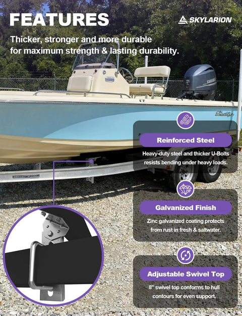 Boat on trailer with 8 Inch Heavy Duty Galvanized Boat Trailer Bunk Brackets Swivel-Top Kit 4 Pack features and reinforced steel.