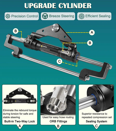 Front Mount Outboard Hydraulic Steering Cylinder Kit With Two Way Lock Valve And ORB Fittings For 300HP Outboard Powered Boats Dockside Ready, Fits Center Console Bass Flats Offshore Cruisers And More Max Working Pressure 1500 PSI
