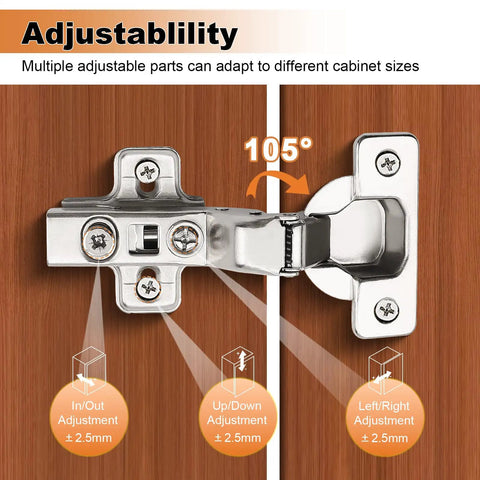 Top Shelf Soft Close Cabinet Hinges 2 Pack Adjustable 105 Degree Clip On Concealed European Hardware showing adjustability features.