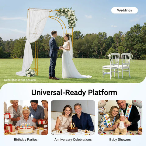 Showstopping Square Metal Balloon Arch Frame For Dreamy Gold Wedding Ceremony Backdrop with couple outdoors.