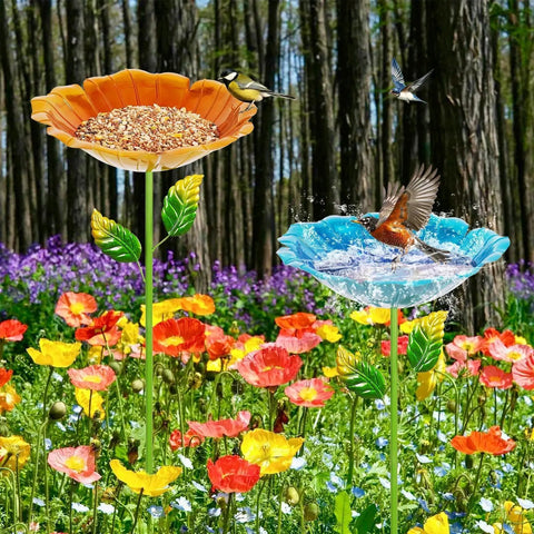 Colorful Metal Bird Bath for Outdoors, Flower Garden Hummingbird Bath on Five Stakes, Small Birdbath for Garden Decor