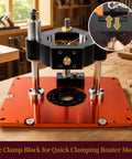 Heavy Duty Router Table Lift System For 4 2 Inch Router Motors With Solid Aluminum Base Plate showing clamp block and adjustment.